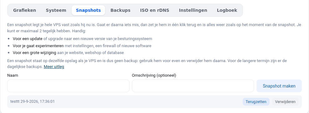 Fliken Snapshots i VPS-skärmen